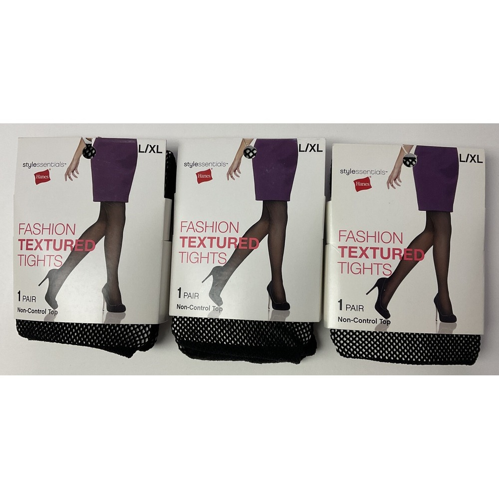 NIP Lot 3 Hanes Stylessentials Fashion Textured Tights Black Fishnet L /‎ XL